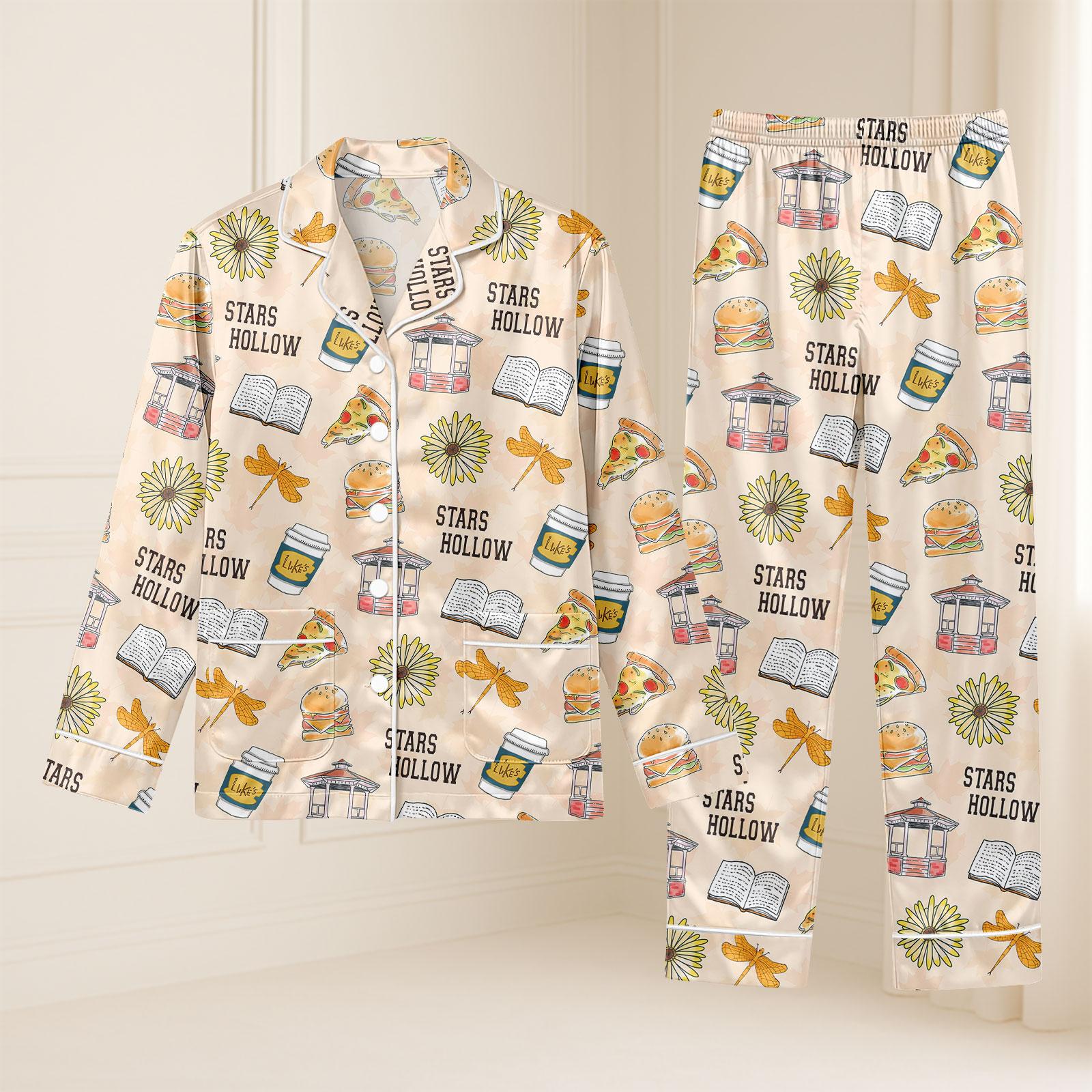 Stars Hollow Satin Pajama Set – Cozy Long Sleeve Lounge Wear for Her
