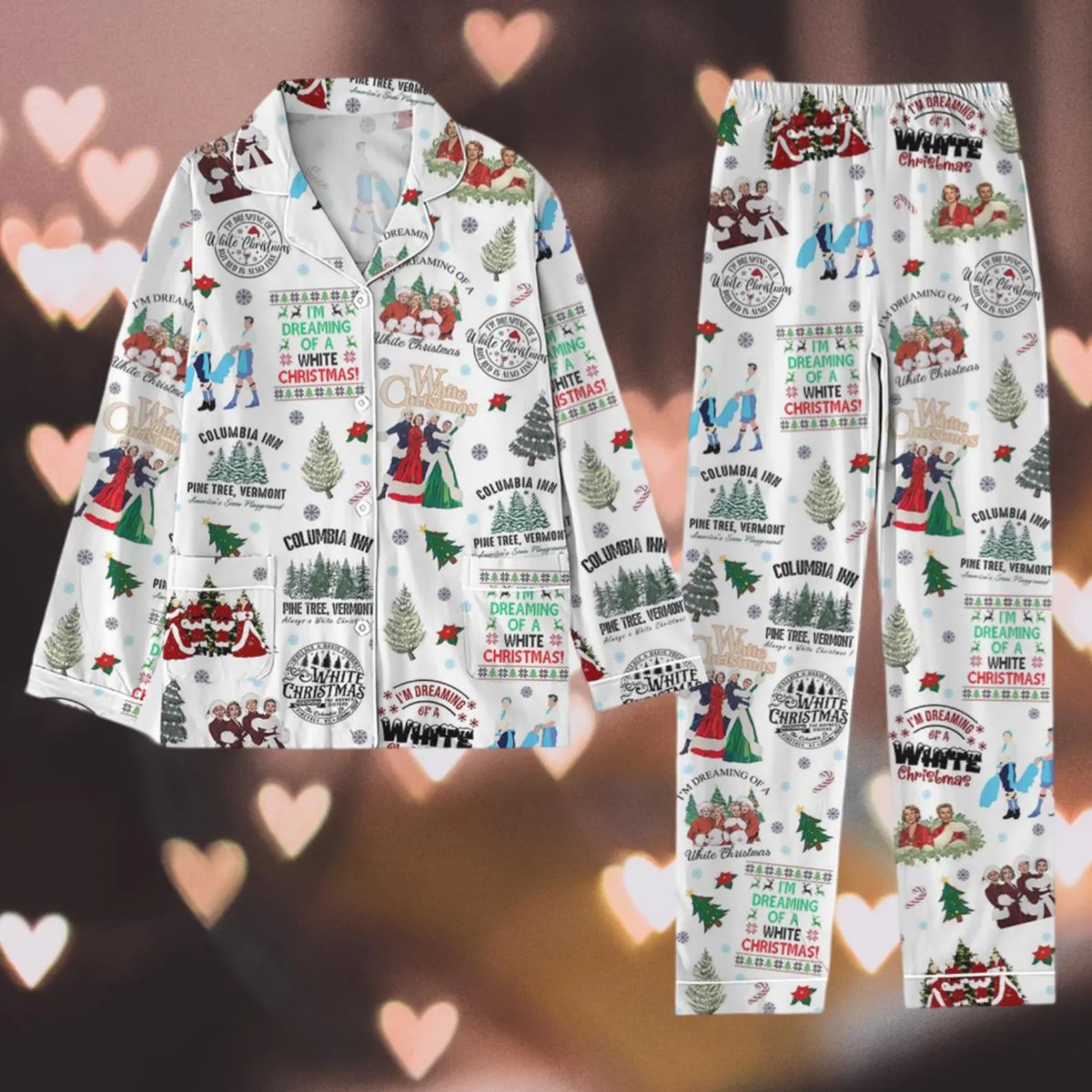 Vintage White Holiday Inspired Pajama Set – Retro Christmas Song Sleepwear, Family Matching PJs for Women