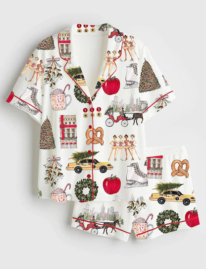 Women’s Christmas in New York Satin Pajama Set – Holiday Sleepwear Gift, Festive Nightwear for Her