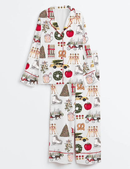 Women’s Christmas in New York Satin Pajama Set – Holiday Sleepwear Gift, Festive Nightwear for Her