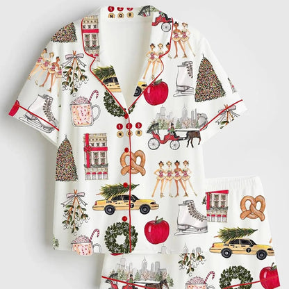 Women’s Christmas in New York Satin Pajama Set – Holiday Sleepwear Gift, Festive Nightwear for Her