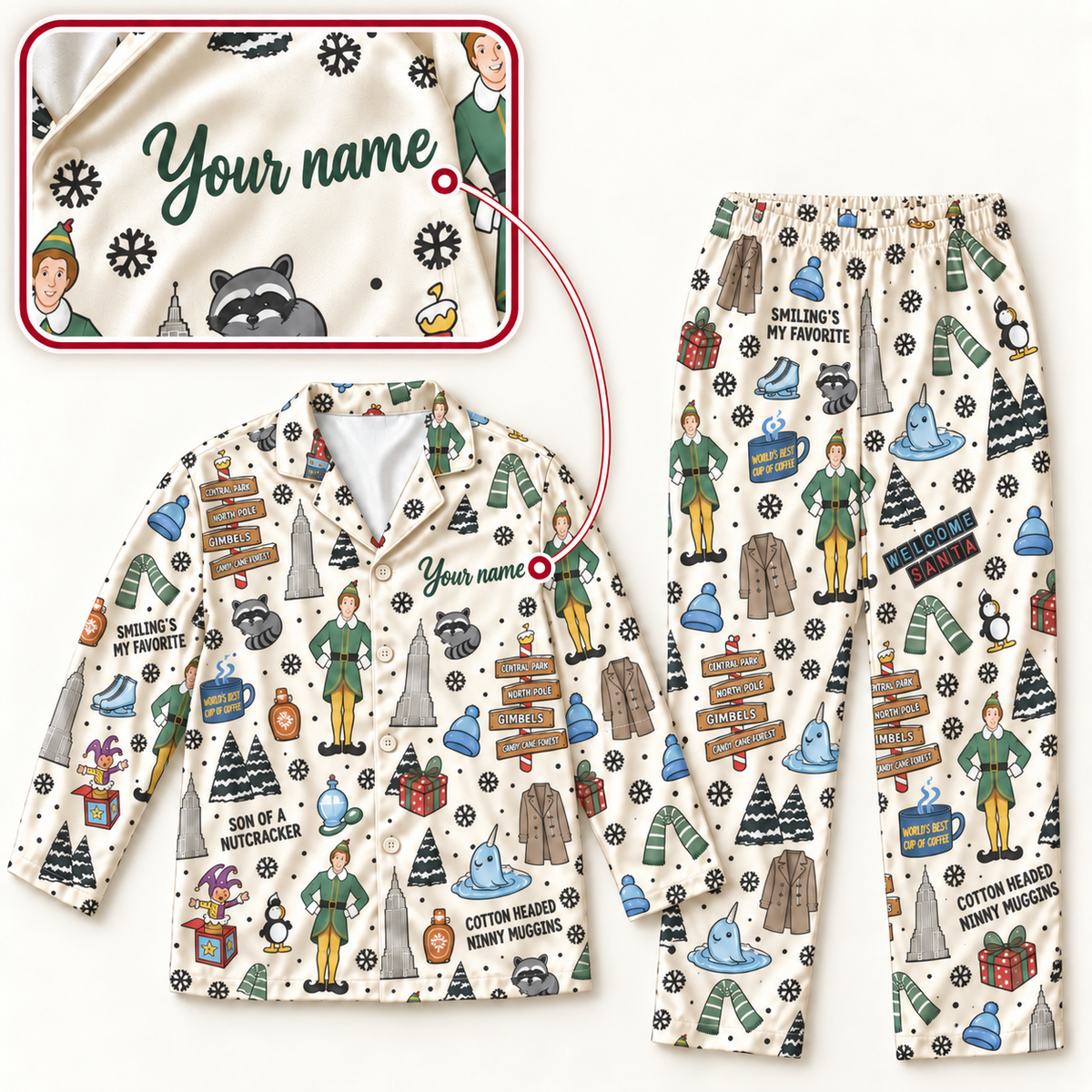 Personalized Buddy the Elf Christmas Button-Up Pajama Set