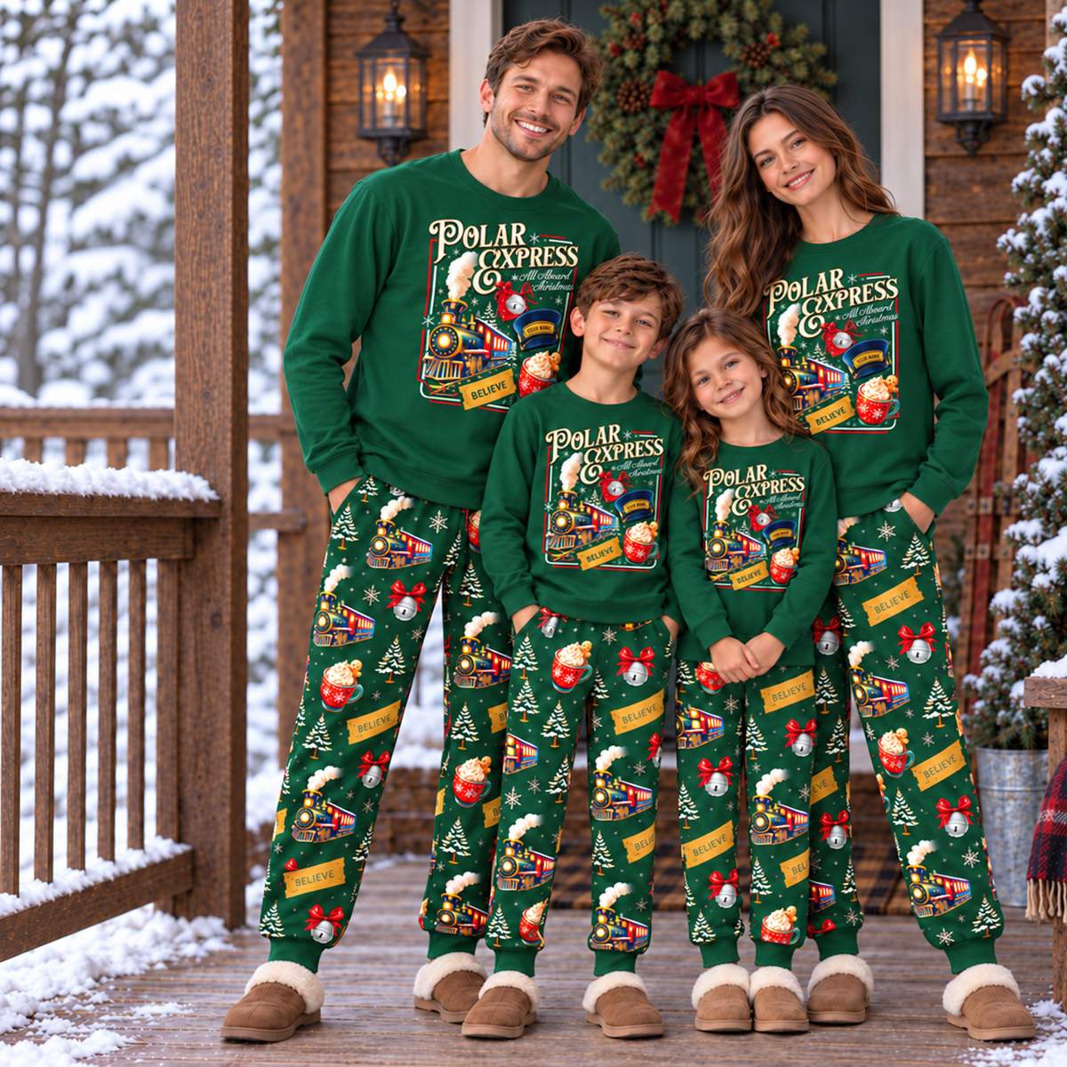 Personalized Green Christmas Train Matching Family Pajamas