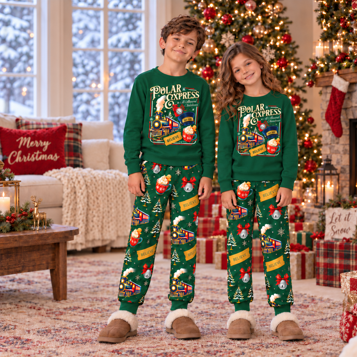 Personalized Green Christmas Train Matching Family Pajamas