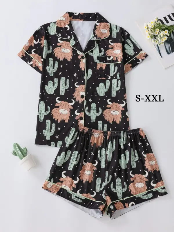 Womens Cow Cartoon Print Pajama Set Cute Comfy Button Front Top and Shorts Loungewear Sleepwear