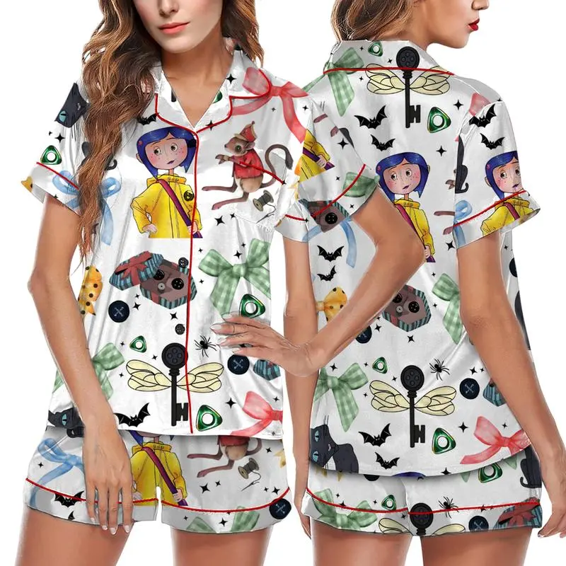 Womens Coraline Satin Pajama Set Silky Print Top and Bottoms Comfy Sleepwear Loungewear