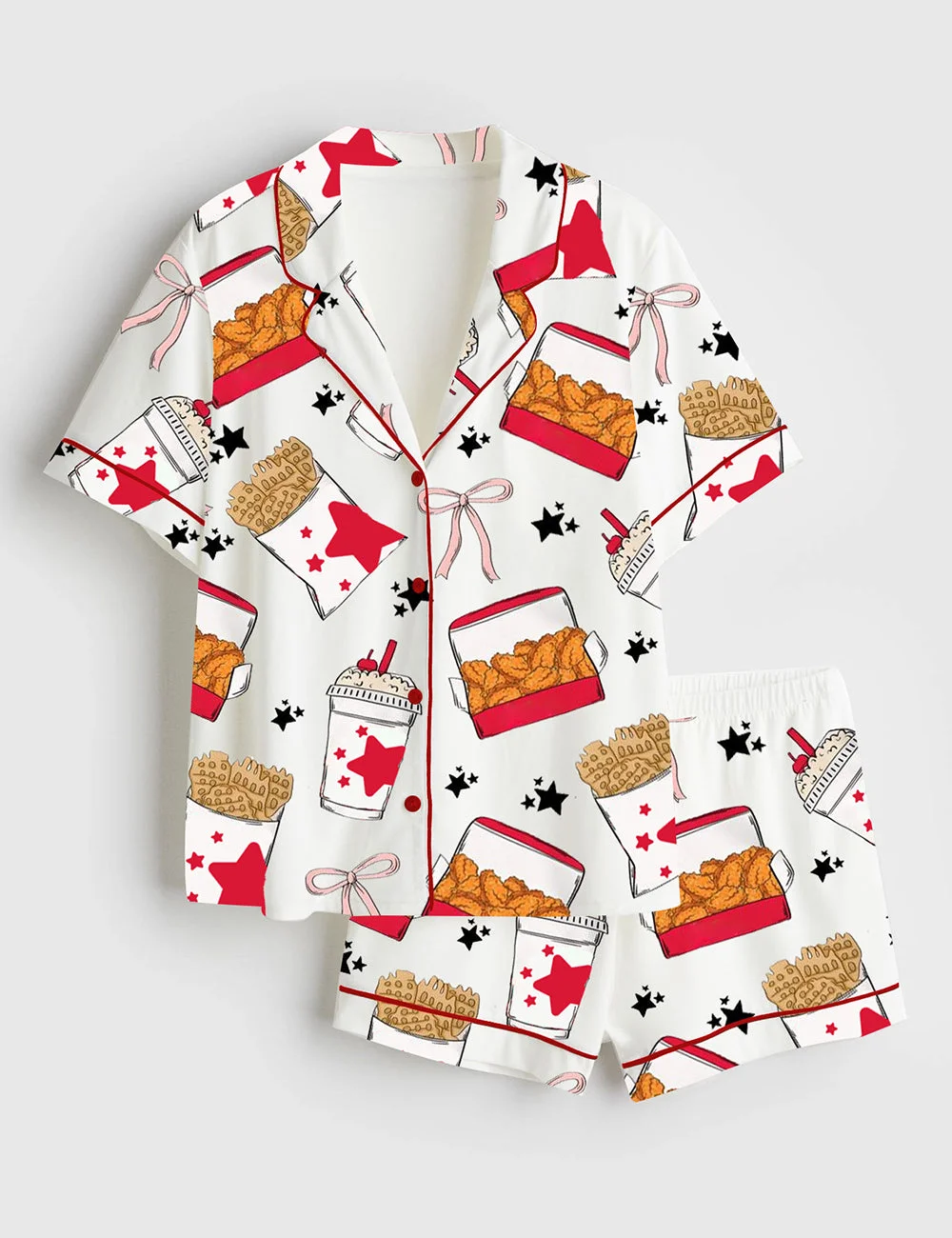 Womens Coquette Chicken Nuggets Satin Pajama Set Silky Print Top and Bottoms Comfy Sleepwear Loungewear