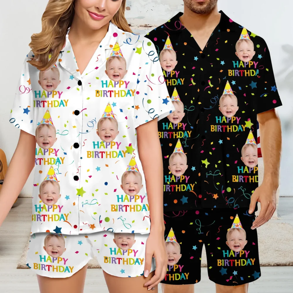 Personalized Face Pajamas Family Matching Set Women Short Sleeve Couple Pajama Photo Gift for Birthday or Anniversary